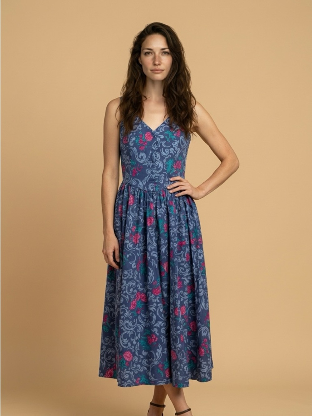 Laura Ashley Blue Floral Midi Dress with Pink & Teal Accents